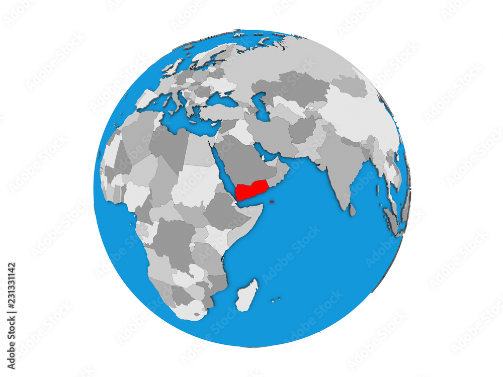 Yemen on blue political 3D globe. 3D illustration isolated on white background.