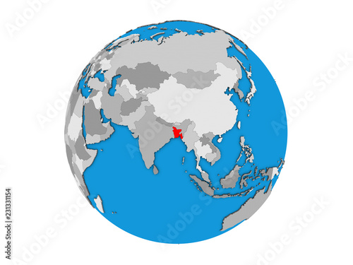Bangladesh on blue political 3D globe. 3D illustration isolated on white background.