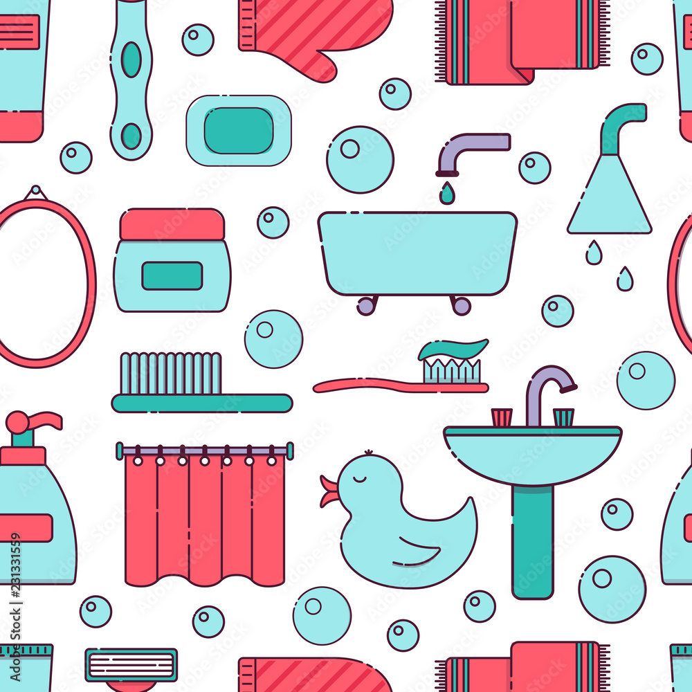 Vector illustration with flat line cartoon bathroom background Vector illustration with flat line cartoon bathroom background
