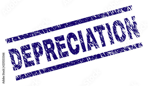 DEPRECIATION seal print with distress style. Blue vector rubber print of DEPRECIATION text with dirty texture. Text caption is placed between parallel lines.