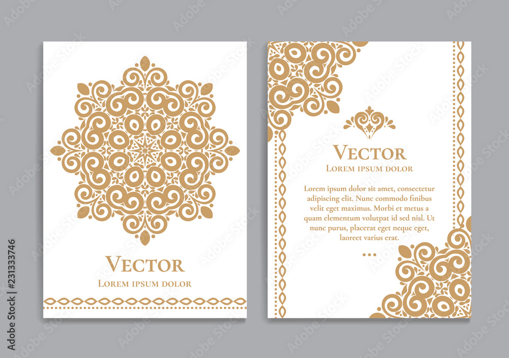 Gold and white vintage greeting card. Luxury vector ornament template. Great for invitation, flyer, menu, brochure, postcard, background, wallpaper, decoration, packaging or any desired idea.