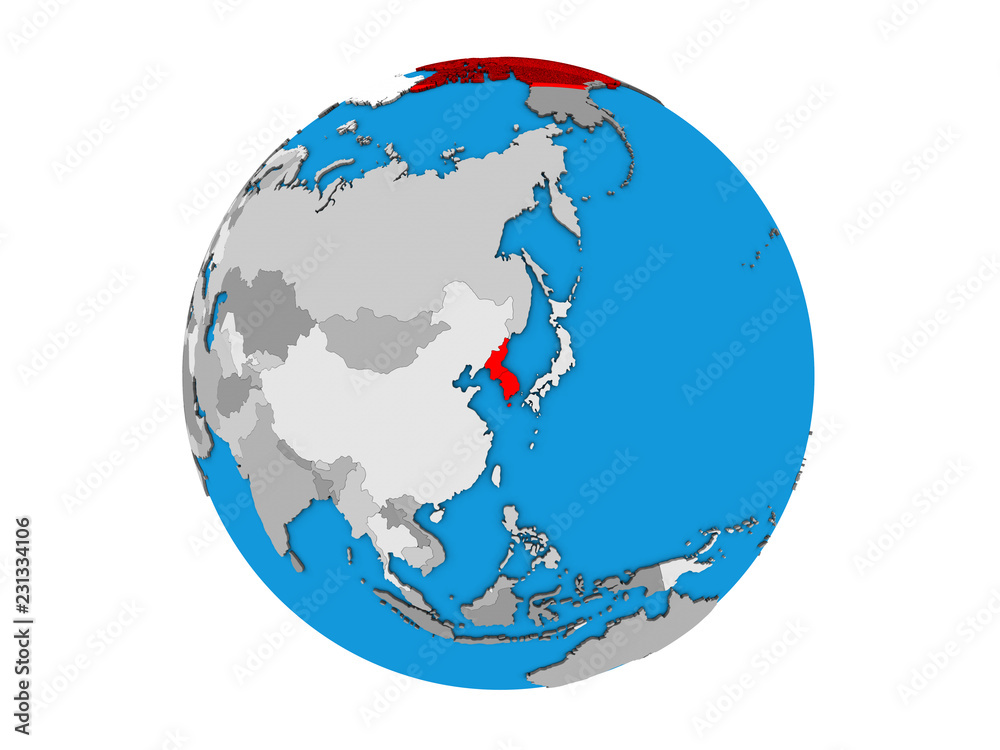 Korea on blue political 3D globe. 3D illustration isolated on white background. Korea on blue political 3D globe. 3D illustration isolated on white background.