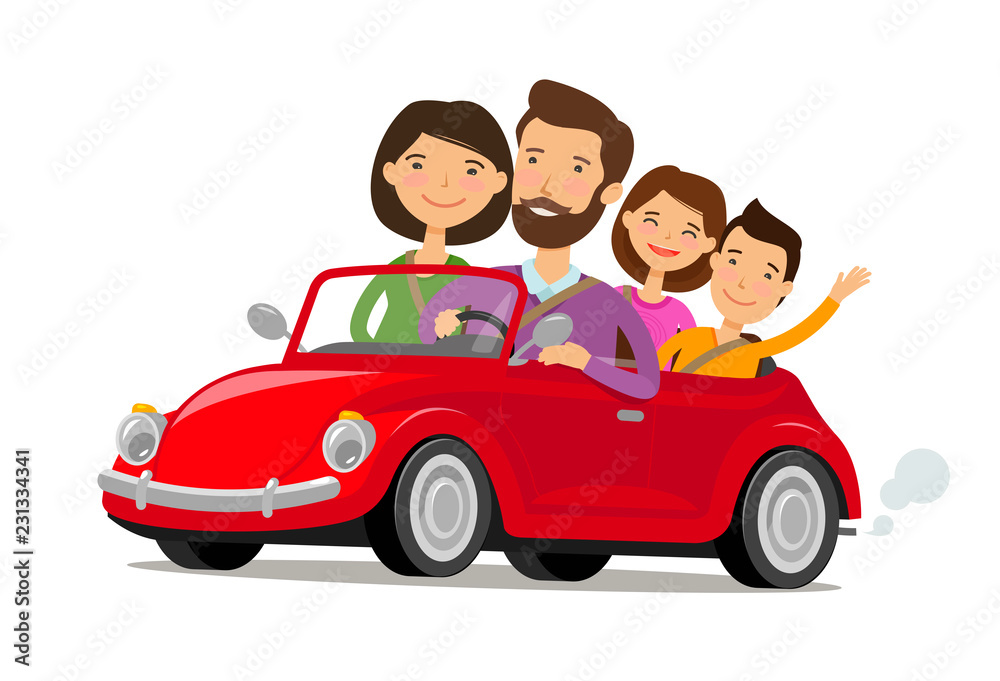 Happy family travelling by car. Journey, travel concept. Cartoon vector  illustration Stock Vector | Adobe Stock