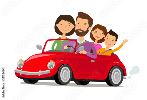 Happy family travelling by car. Journey, travel concept. Cartoon vector illustration