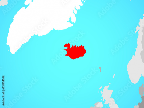 Iceland on blue political globe.