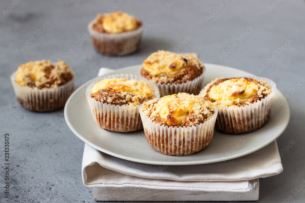 Fresh homemade muffins with cream cheese filling and streusel. Fresh homemade muffins with cream cheese filling and streusel.