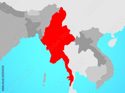 Myanmar on blue political globe.
