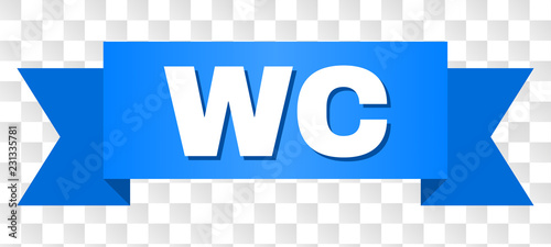 WC text on a ribbon. Designed with white title and blue stripe. Vector banner with WC tag on a transparent background.