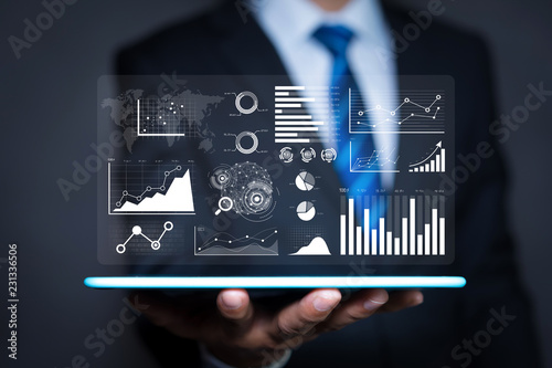 Data analytics report and key performance indicators on information dashboard for Business strategy and business intelligence. photo