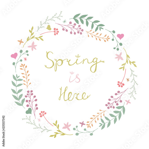 Beautiful vector floral spring wreath in gentle colors isolated on white background. Spring Is Here lettering. Botanical round garland. Flower circle frame. Cute abstract hand drawn flowers & leaves.