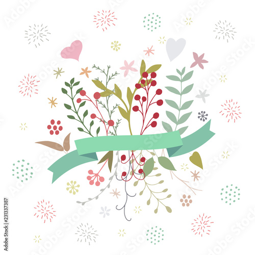 Beautiful vector abstract floral spring bouquet with leaves, berries, florwers, fireworks and ribbon in gentle colors isolated on white background. Cute botanical illustration for banner design.