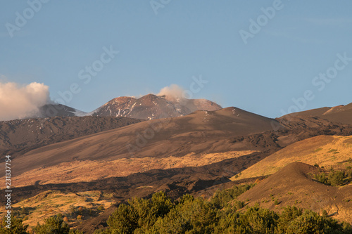 The colorful forests and lava flows in the autumn season on the Etna volcano