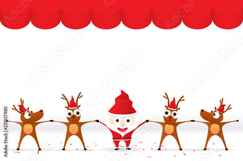 Santa Claus cartoon character and reindeer holding hands celebrating .for Christmas time. Vector illustration Merry Christmas and Happy New Year.. © Manovector