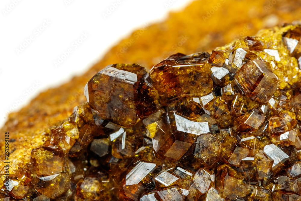 Macro mineral stone Garnet, Green Garnet, Epidote Grossular in the rock on a white background Macro mineral stone Garnet, Green Garnet, Epidote Grossular in the rock on a white background