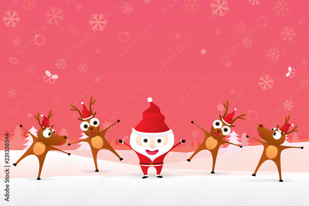 Santa Claus cartoon character and reindeer celebrating for Christmas time with snowflakes background. Vector illustration Merry Christmas and Happy New Year.