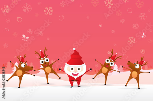 Santa Claus cartoon character and reindeer celebrating for Christmas time with snowflakes background. Vector illustration Merry Christmas and Happy New Year. © Manovector