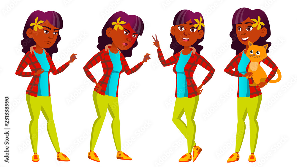 Teen Girl Poses Set Vector. Indian, Hindu. Asian. Friendly, Cheer. For Banner, Flyer, Brochure Design. Isolated Cartoon Illustration Teen Girl Poses Set Vector. Indian, Hindu. Asian. Friendly, Cheer. For Banner, Flyer, Brochure Design. Isolated Cartoon Illustration
