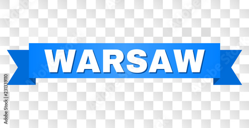 WARSAW text on a ribbon. Designed with white title and blue tape. Vector banner with WARSAW tag on a transparent background.