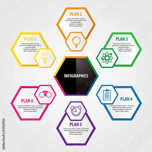 Business infographics template six option. vector illustration