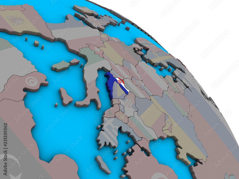 Croatia with embedded national flag on simple blue political 3D globe.