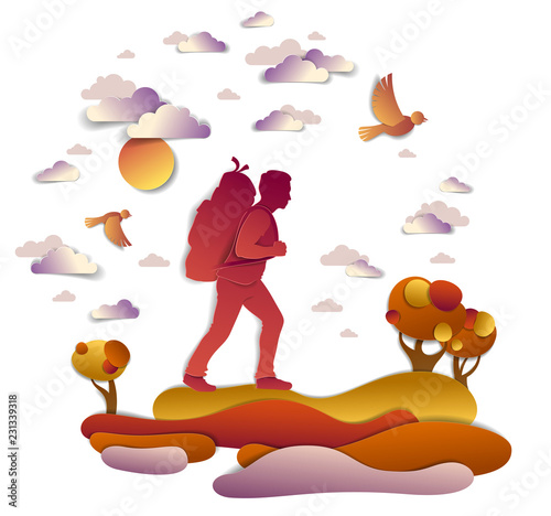 Young active man hiking in autumn to nature with grasslands and trees, vector illustration of beautiful autumnal scenic landscape, birds in the sky, vacation.
