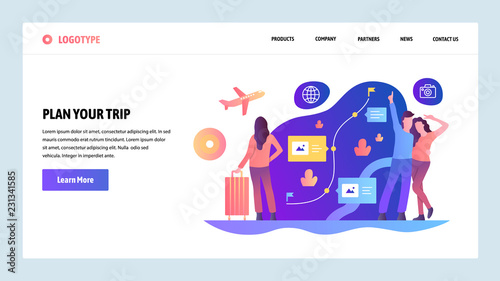Vector web site design template. Plan your trip and go travel. Route planing and booking. Landing page concepts for website and mobile development. Modern flat illustration.
