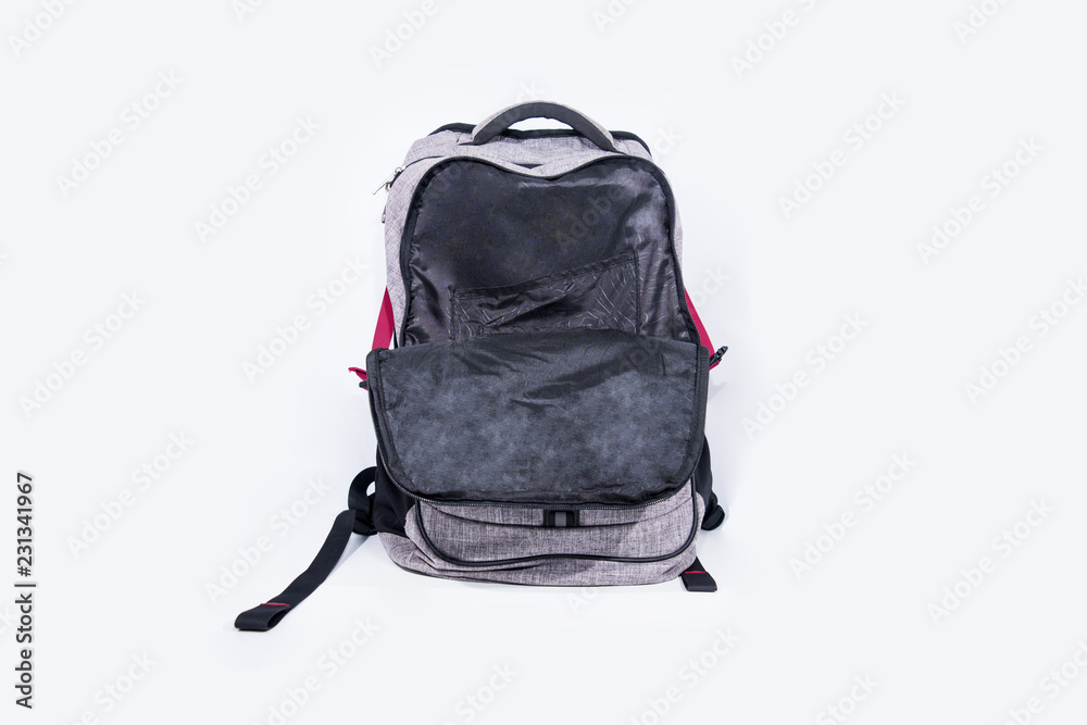 Fototapeta premium Empty gray backpack isolated on white background