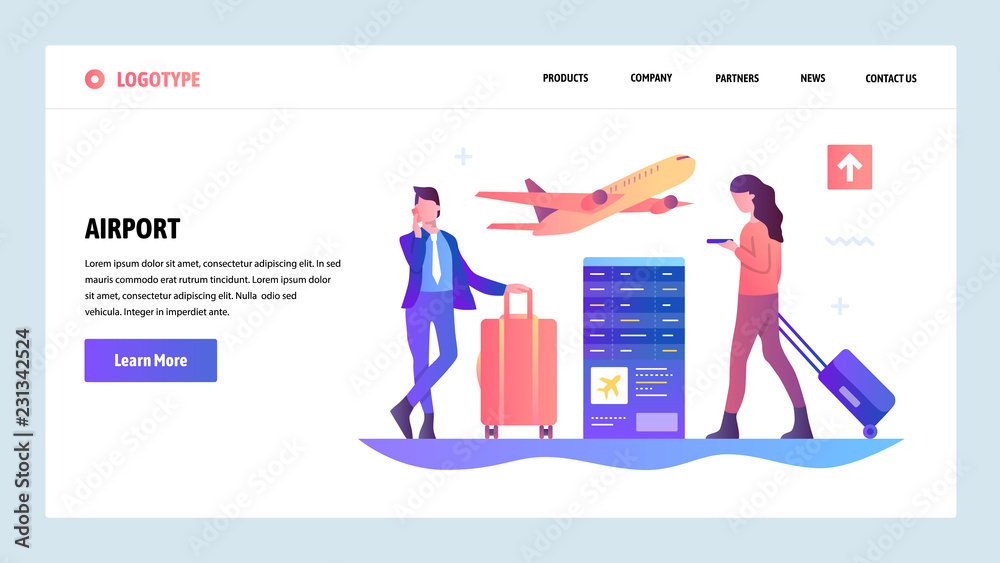 Vector web site gradient design template. Airport terminal and passengers waiting for flight. Landing page concepts for website and mobile development. Modern flat illustration.