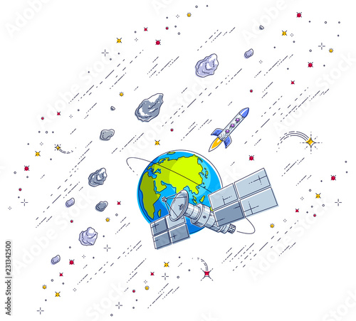 Communication satellite flying orbital spaceflight around earth, spacecraft space station with solar panels and satellite antenna plate, with rockets, stars and other elements. Vector.