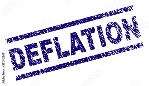 DEFLATION seal stamp with distress style. Blue vector rubber print of DEFLATION text with retro texture. Text tag is placed between parallel lines.