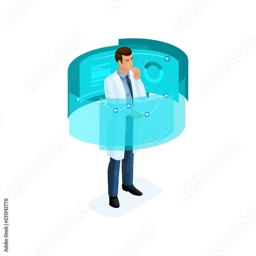 Isometry of a private clinic worker uses modern technology, set 6, virtual screen, large tablet, modern data storage, for doctors, surgeons, nurses
