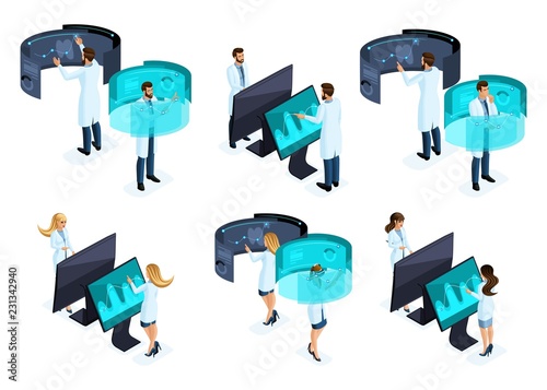Isometry a large set of groups of doctors use modern technologies of the private clinic, a virtual screen, a large tablet, modern data storage, doctors, surgeons