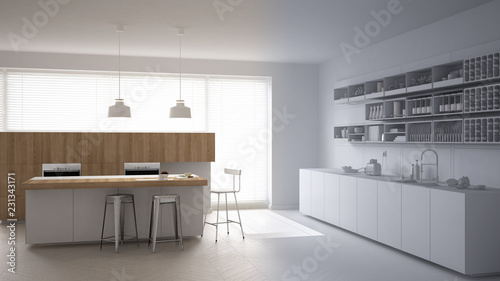 Smart remote home control system on a digital tablet. Device with app icons. Wooden modern white and wooden kitchen in the background, architecture interior design
