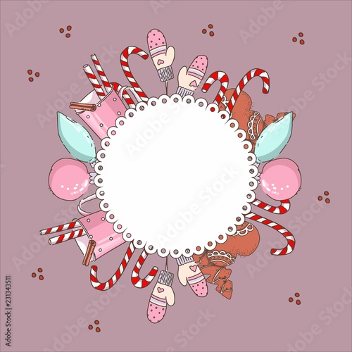 Happy New year cards with Calligraphic Wishes and Winter holiday items, colorful gift boxes. Greeting illustration for Christmas