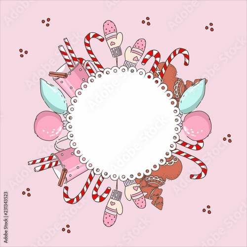 Happy New year cards with Calligraphic Wishes and Winter holiday items, colorful gift boxes. Greeting illustration for Christmas