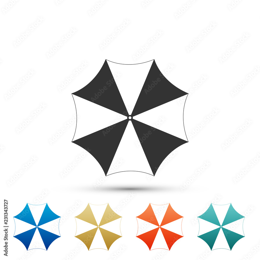 Sun protective umbrella fo beach icon isolated on white background. Large parasol for outdoor space. Beach umbrella. Summer vacation or picnic accessory. Color icons. Flat design. Vector Illustration Sun protective umbrella fo beach icon isolated on white background. Large parasol for outdoor space. Beach umbrella. Summer vacation or picnic accessory. Color icons. Flat design. Vector Illustration