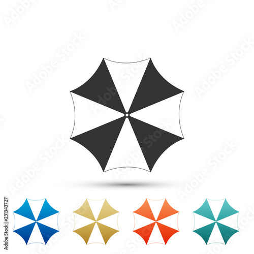 Sun protective umbrella fo beach icon isolated on white background. Large parasol for outdoor space. Beach umbrella. Summer vacation or picnic accessory. Color icons. Flat design. Vector Illustration