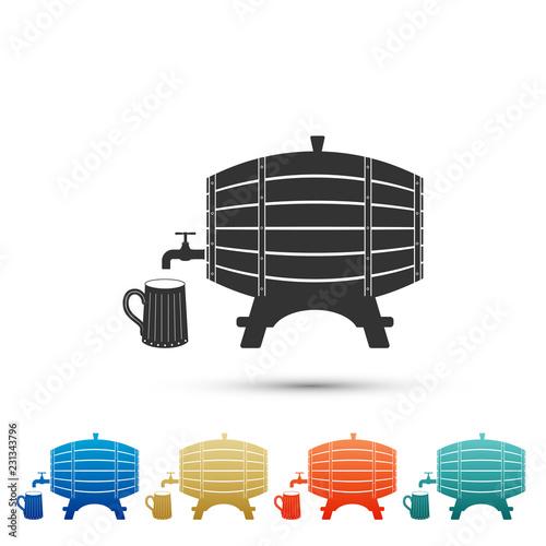 Wooden barrel on rack with stopcock and wooden beer mug icon isolated on white background. Set elements in colored icons. Flat design. Vector Illustration