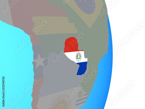 Paraguay with national flag on simple political globe.