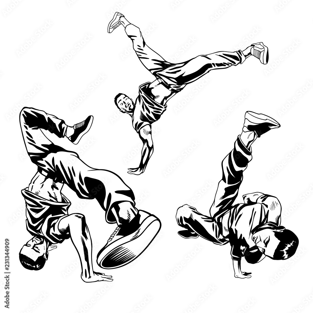 B-boys dancers characters set in dynamic poses. Hand drawn lineart vector illustration. Hip hop dance. Can be used for creating logo, posters, flyers, emblem, prints, web and other crafts B-boys dancers characters set in dynamic poses. Hand drawn lineart vector illustration. Hip hop dance. Can be used for creating logo, posters, flyers, emblem, prints, web and other crafts