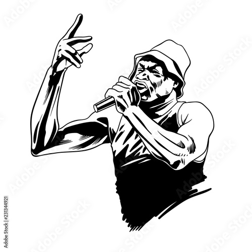 Rap singer. Rapper character with microphone in comic style. Vector illustration