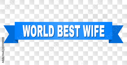 WORLD BEST WIFE text on a ribbon. Designed with white caption and blue stripe. Vector banner with WORLD BEST WIFE tag on a transparent background.