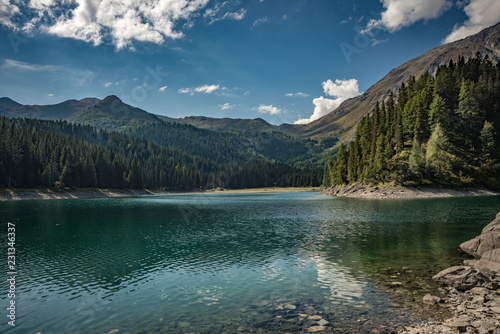 On the mountainlake Alpine pastures with a deep blue lake, green meadows and a blue sky with fleecy clouds, in summer photo