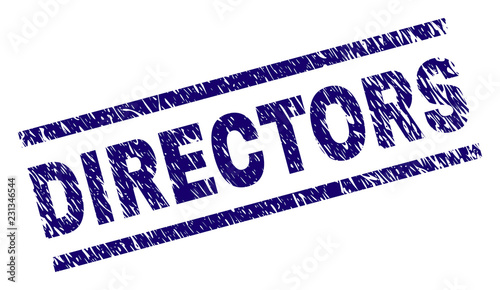 DIRECTORS seal print with scratced style. Blue vector rubber print of DIRECTORS text with grunge texture. Text caption is placed between parallel lines.