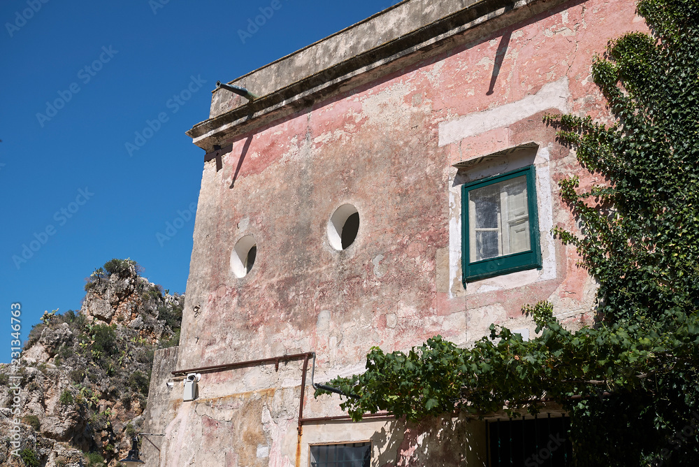 Scopello, Italy - September 04, 2018 : View of the main building of the Tonnara di Scopello Scopello, Italy - September 04, 2018 : View of the main building of the Tonnara di Scopello