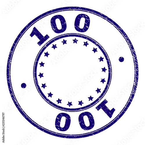 100 stamp seal watermark with distress texture. Designed with circles and stars. Blue vector rubber print of 100 label with retro texture.