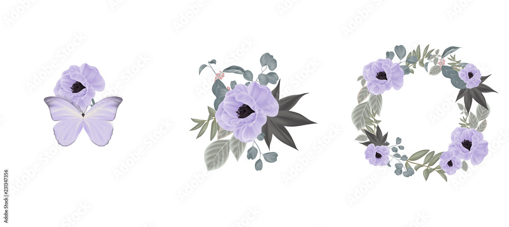 Floral bouquet composition set, purple anemone flowers and leaves