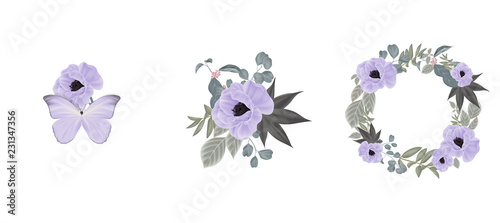 Floral bouquet composition set, purple anemone flowers and leaves © momosama