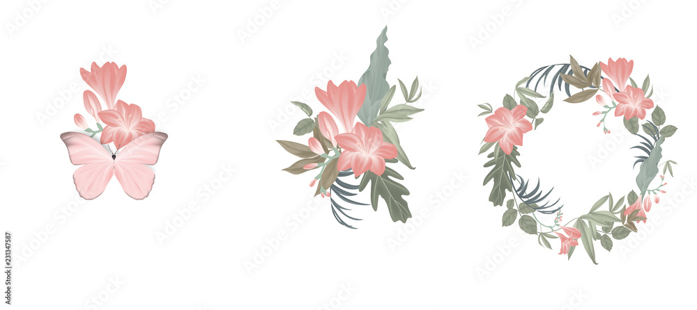 Floral bouquet composition set, red freesia flowers and leaves