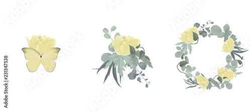 Floral bouquet composition set, yellow tulip flowers and leaves